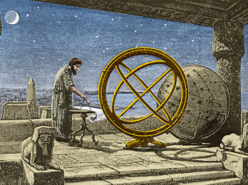 Hipparchus in his observatory in Alexandria. In the centre is an armillary sphere. Hipparchus (190-120 BC), was a Greek astronomer, geographer, and mathematician of the Hellenistic period. A methodical observer, Hipparchus compiled the first known star catalogue, listing some 850 stars, as well as their celestial coordinates and magnitude. His work profoundly influenced that of Ptolemy. He is considered the founder of trigonometry. Hipparchus is considered the greatest ancient astronomical observer. He was the first whose quantitative and accurate models for the motion of the Sun and Moon survive. He developed trigonometry and constructed trigonometric tables, and he solved several problems of spherical trigonometry. With his solar and lunar theories and his trigonometry, he may have been the first to develop a reliable method to predict solar eclipses. This image has been colour enhanced.